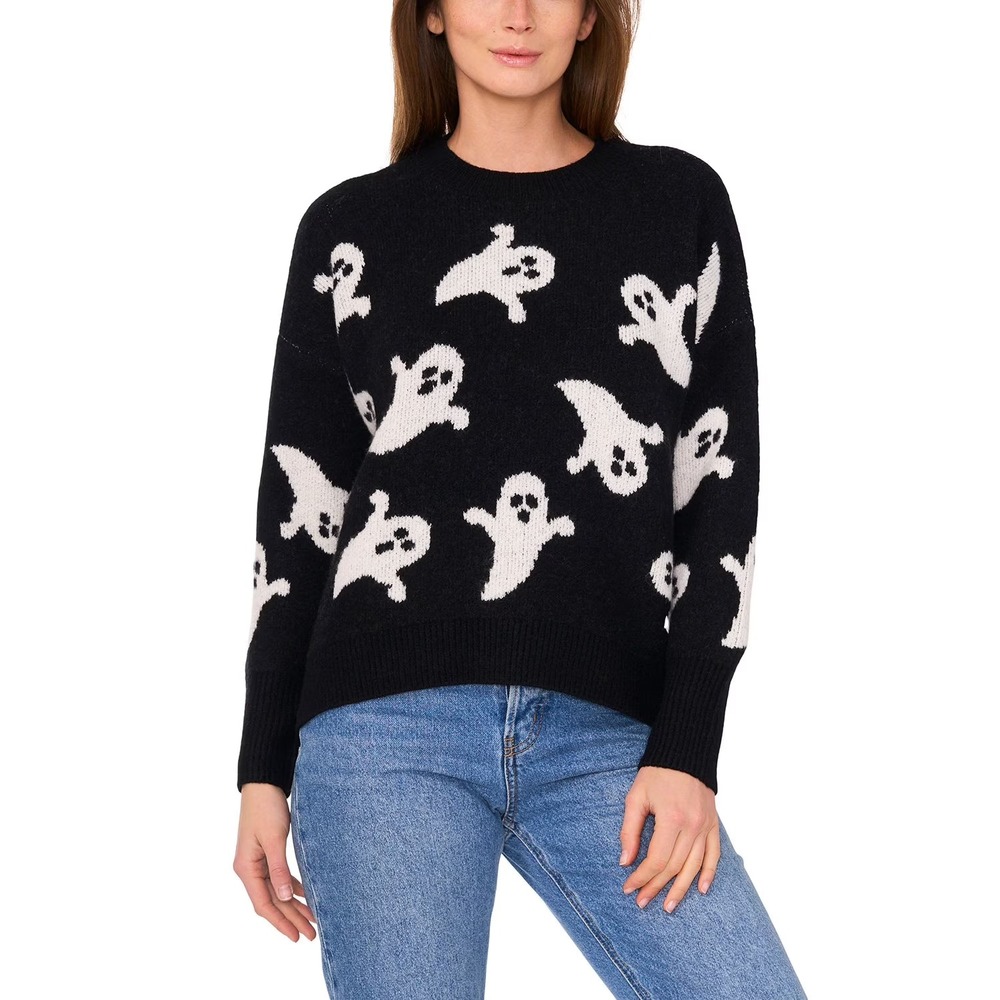 NWT Vince Camuto Womens Halloween Ghost Sweater Black Size L